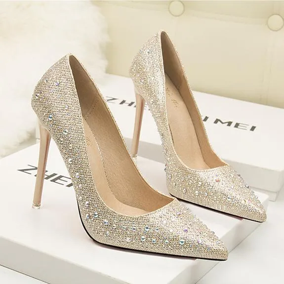 Women's rhinestone glitter pointe toe wedding pumps