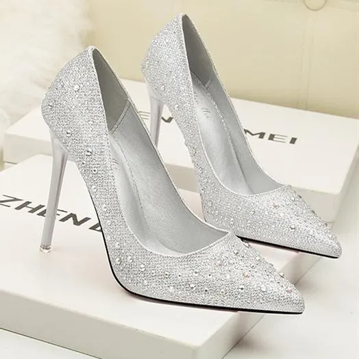 Women's rhinestone glitter pointe toe wedding pumps