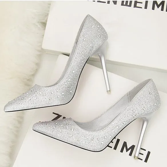 Women's rhinestone glitter pointe toe wedding pumps