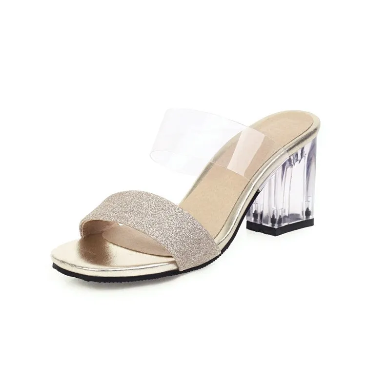 Women's Transparent Crystal Block Heel Slides Sandals